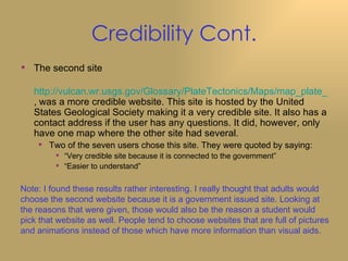 Credibility Cont. The second site  http://vulcan.wr.usgs.gov/Glossary/PlateTectonics/Maps/map_plate_tectonics_world.html , was a more credible website. This site is hosted by the United States Geological Society making it a very credible site. It also has a contact address if the user has any questions. It did, however, only have one map where the other site had several. Two of the seven users chose this site. They were quoted by saying: “ Very credible site because it is connected to the government” “ Easier to understand” Note: I found these results rather interesting. I really thought that adults would  choose the second website because it is a government issued site. Looking at  the reasons that were given, those would also be the reason a student would  pick that website as well. People tend to choose websites that are full of pictures and animations instead of those which have more information than visual aids.   