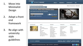 1. Move into
Minimalist
Design
2. Adopt a front
end
framework
3. Re-align with
university
style
guidelines
 