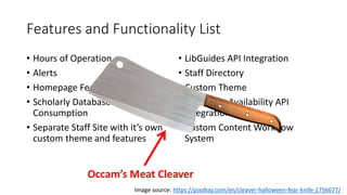 Features and Functionality List
• Hours of Operation
• Alerts
• Homepage Feature
• Scholarly Database API
Consumption
• Separate Staff Site with it’s own
custom theme and features
• LibGuides API Integration
• Staff Directory
• Custom Theme
• Computer Availability API
Integration
• Custom Content Workflow
System
Occam’s Meat Cleaver
Image source: https://pixabay.com/en/cleaver-halloween-fear-knife-1756677/
 