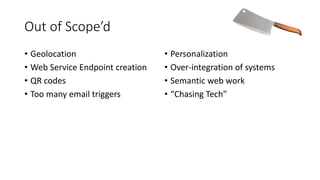 Out of Scope’d
• Geolocation
• Web Service Endpoint creation
• QR codes
• Too many email triggers
• Personalization
• Over-integration of systems
• Semantic web work
• “Chasing Tech”
 