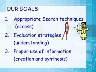 OUR GOALS: Appropriate Search techniques  (access) Evaluation strategies (understanding) Proper use of information (creation and synthesis) 