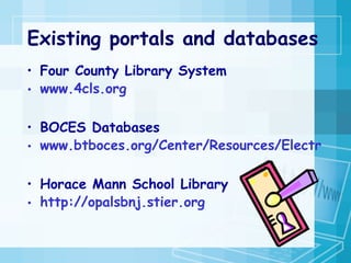 Existing portals and databases Four County Library System www.4cls.org BOCES Databases www.btboces.org/Center/Resources/ElectronicResources.shtm Horace Mann School Library http://opalsbnj.stier.org 