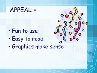 APPEAL = Fun to use Easy to read Graphics make sense 