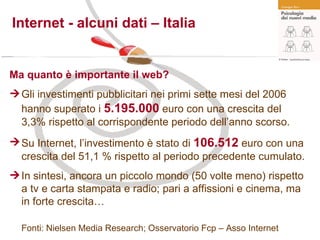 Internet - alcuni dati – Italia Ma quanto è importante il web? Gli investimenti pubblicitari nei primi sette mesi del 2006 hanno superato i  5.195.000  euro con una crescita del 3,3% rispetto al corrispondente periodo dell’anno scorso.  Su Internet, l’investimento è stato di  106.512  euro con una crescita del 51,1 % rispetto al periodo precedente cumulato.  In sintesi, ancora un piccolo mondo (50 volte meno) rispetto a tv e carta stampata e radio; pari a affissioni e cinema, ma in forte crescita… Fonti: Nielsen Media Research; Osservatorio Fcp – Asso Internet 