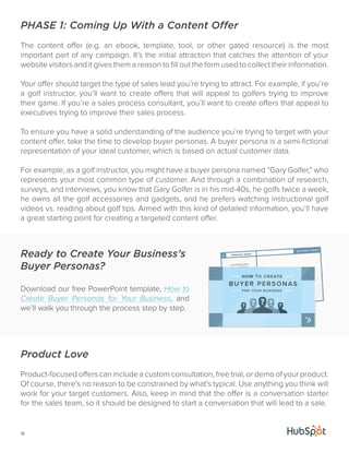 PHASE 1: Coming Up With a Content Offer 
The content offer (e.g. an ebook, template, tool, or other gated resource) is the most 
important part of any campaign. It’s the initial attraction that catches the attention of your 
website visitors and it gives them a reason to fill out the form used to collect their information. 
Your offer should target the type of sales lead you’re trying to attract. For example, if you’re 
a golf instructor, you’ll want to create offers that will appeal to golfers trying to improve 
their game. If you’re a sales process consultant, you’ll want to create offers that appeal to 
executives trying to improve their sales process. 
To ensure you have a solid understanding of the audience you’re trying to target with your 
content offer, take the time to develop buyer personas. A buyer persona is a semi-fictional 
representation of your ideal customer, which is based on actual customer data. 
For example, as a golf instructor, you might have a buyer persona named “Gary Golfer,” who 
represents your most common type of customer. And through a combination of research, 
surveys, and interviews, you know that Gary Golfer is in his mid-40s, he golfs twice a week, 
he owns all the golf accessories and gadgets, and he prefers watching instructional golf 
videos vs. reading about golf tips. Armed with this kind of detailed information, you’ll have 
a great starting point for creating a targeted content offer. 
Ready to Create Your Business’s 
Buyer Personas? 
Download our free PowerPoint template, How to 
Create Buyer Personas for Your Business, and 
we’ll walk you through the process step by step. 
Product Love 
Product-focused offers can include a custom consultation, free trial, or demo of your product. 
Of course, there’s no reason to be constrained by what’s typical. Use anything you think will 
work for your target customers. Also, keep in mind that the offer is a conversation starter 
for the sales team, so it should be designed to start a conversation that will lead to a sale. 
18 
 