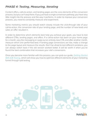 PHASE 4: Testing, Measuring, Iterating 
Content offers, calls-to-action, and landing pages are the core elements of the conversion 
process, but you can’t stop there. If you just have a single conversion pathway, you have very 
little insight into the process and the way it performs. In order to improve your conversion 
process, you need to constantly measure and experiment. 
Some marketing metrics you should watch closely include the click-through rate of your 
call-to-action, the conversion rate of your landing page, and the number of new leads and 
sales an offer resulted in. 
In order to determine which elements best help you achieve your goals, you have to test 
different CTAs, landing pages, and offers. If a call-to-action has been on your home page 
for a month, vary the messaging or swap out an entirely new CTA, and after another month, 
measure which one performed best. If landing page conversions are low, make a change 
to the page layout and measure the results. Don’t be afraid to test different variations; you 
can always switch back if the old version worked better. It will be worth it when you’ve 
found the best combination that increases your site’s conversions. 
Once you become more familiar with this process, you can grab our guide, Getting Started 
With A/B Testing, which will show you how to optimize different elements of your marketing 
funnel through split testing. 
20 
 