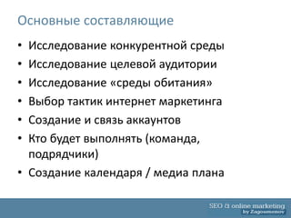 Основные составляющие
• Исследование конкурентной среды
• Исследование целевой аудитории
• Исследование «среды обитания»
• Выбор тактик интернет маркетинга
• Создание и связь аккаунтов
• Кто будет выполнять (команда,
  подрядчики)
• Создание календаря / медиа плана
 