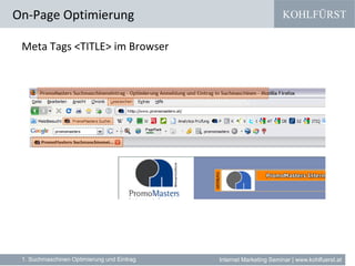 KOHLFÜRST
Internet Marketing Seminar | www.kohlfuerst.at
Meta Tags <TITLE> im Browser
On-Page Optimierung
1. Suchmaschinen Optimierung und Eintrag
 