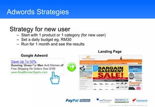 Adwords Strategies Strategy for new user Start with 1 product or 1 category (for new user) Set a daily budget eg. RM30 Run for 1 month and see the results Google Adword Landing Page 