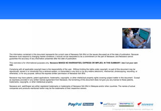 The information contained in this document represents the current view of Neowave Sdn Bhd on the issues discussed as of the date of publication. Because Neowave must respond to changing market conditions, it should not be interpreted to be a commitment on the part of Neowave, and Neowave cannot guarantee the accuracy of any information presented after the date of publication. This overview is for informational purposes only.  Neowave MAKES NO WARRANTIES, EXPRESS OR IMPLIED, IN THIS SUMMARY. Use it at your own risk. Complying with all applicable copyright laws is the responsibility of the user.  Without limiting the rights under copyright, no part of this document may be reproduced, stored in or introduced into a retrieval system, or transmitted in any form or by any means (electronic, mechanical, photocopying, recording, or otherwise), or for any purpose, without the express written permission of Neowave Sdn Bhd.  Neowave may have patents, patent applications, trademarks, copyrights, or other intellectual property rights covering subject matter in this document.  Except as expressly provided in any written license agreement from Neowave, the furnishing of this document does not give you any license to these patents, trademarks, copyrights, or other intellectual property. Neowave and  webShaper are either registered trademarks or trademarks of Neowave Sdn Bhd in Malaysia and/or other countries. The names of actual companies and products mentioned herein may be the trademarks of their respective owners.  