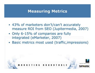 Measuring Metrics


• 43% of marketers don’t/can’t accurately
  measure ROI from SEO (Jupitermedia, 2007)
• Only 6-15% of ...