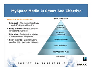 MySpace Media Is Smart And Effective

                                        HIGHLY TARGETED
MYSPACE MEDIA BENEFITS:
• Hi...