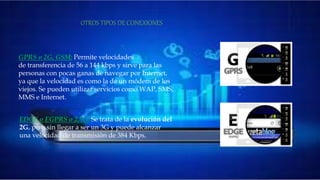 OTROS TIPOS DE CONEXIONES
• GPRS o 2G, GSM: Permite velocidades
de transferencia de 56 a 144 kbps y sirve para las
personas con pocas ganas de navegar por Internet,
ya que la velocidad es como la de un módem de los
viejos. Se pueden utilizar servicios como WAP,
SMS, MMS e Internet.
EDGE o EGPRS o 2,5G: Se trata de la evolución
del 2G, pero sin llegar a ser un 3G y puede
alcanzar una velocidad de transmisión de 384
Kbps.
EDGE o EGPRS o 2,5G: Se trata de la evolución del
2G, pero sin llegar a ser un 3G y puede alcanzar
una velocidad de transmisión de 384 Kbps.
GPRS o 2G, GSM: Permite velocidades
de transferencia de 56 a 144 kbps y sirve para las
personas con pocas ganas de navegar por Internet,
ya que la velocidad es como la de un módem de los
viejos. Se pueden utilizar servicios como WAP, SMS,
MMS e Internet.
OTROS TIPOS DE CONEXIONES
 