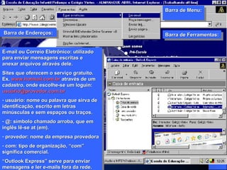 Barra de Ferramentas: Barra de Menu:  Barra de Endereços: Barra de Staus Barra de Staus E-mail ou Correio Eletrônico: utilizado para enviar mensagens escritas e anexar arquivos através dele. Sites que oferecem o serviço gratuito. Ex.  www.hotmail.com.br  através de um cadastro, onde escolhe-se um loguin:  usuário@provedor.com.br usuário: nome ou palavra que sirva de identificação, escrito em letras minúsculas e sem espaços ou traços. @: símbolo chamado arroba, que em inglês lê-se at (em). provedor: nome da empresa provedora com: tipo de organização, “com” significa comercial. “ Outlook Express” serve para enviar mensagens e ler e-mails fora da rede. 