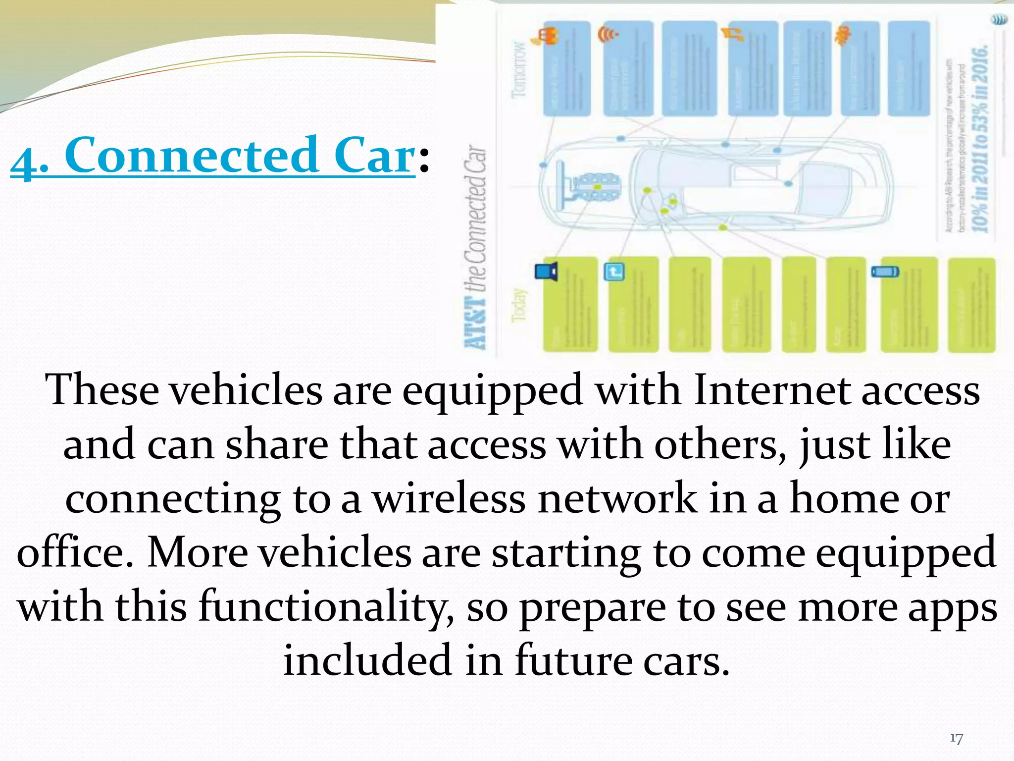 17
These vehicles are equipped with Internet access
and can share that access with others, just like
connecting to a wireless network in a home or
office. More vehicles are starting to come equipped
with this functionality, so prepare to see more apps
included in future cars.
4. Connected Car:
 