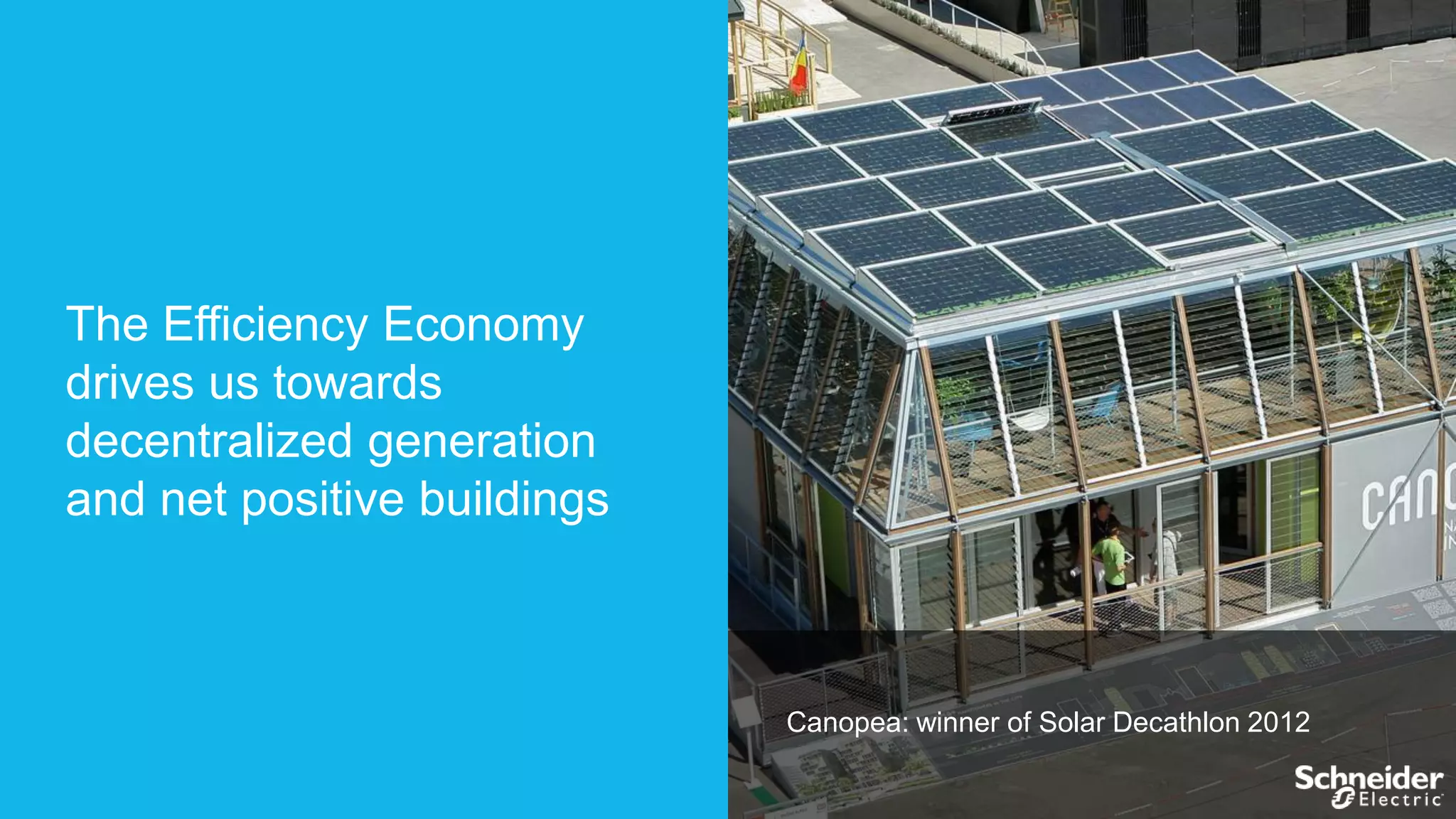 The Efficiency Economy
drives us towards
decentralized generation
and net positive buildings

Canopea: winner of Solar Decathlon 2012

 