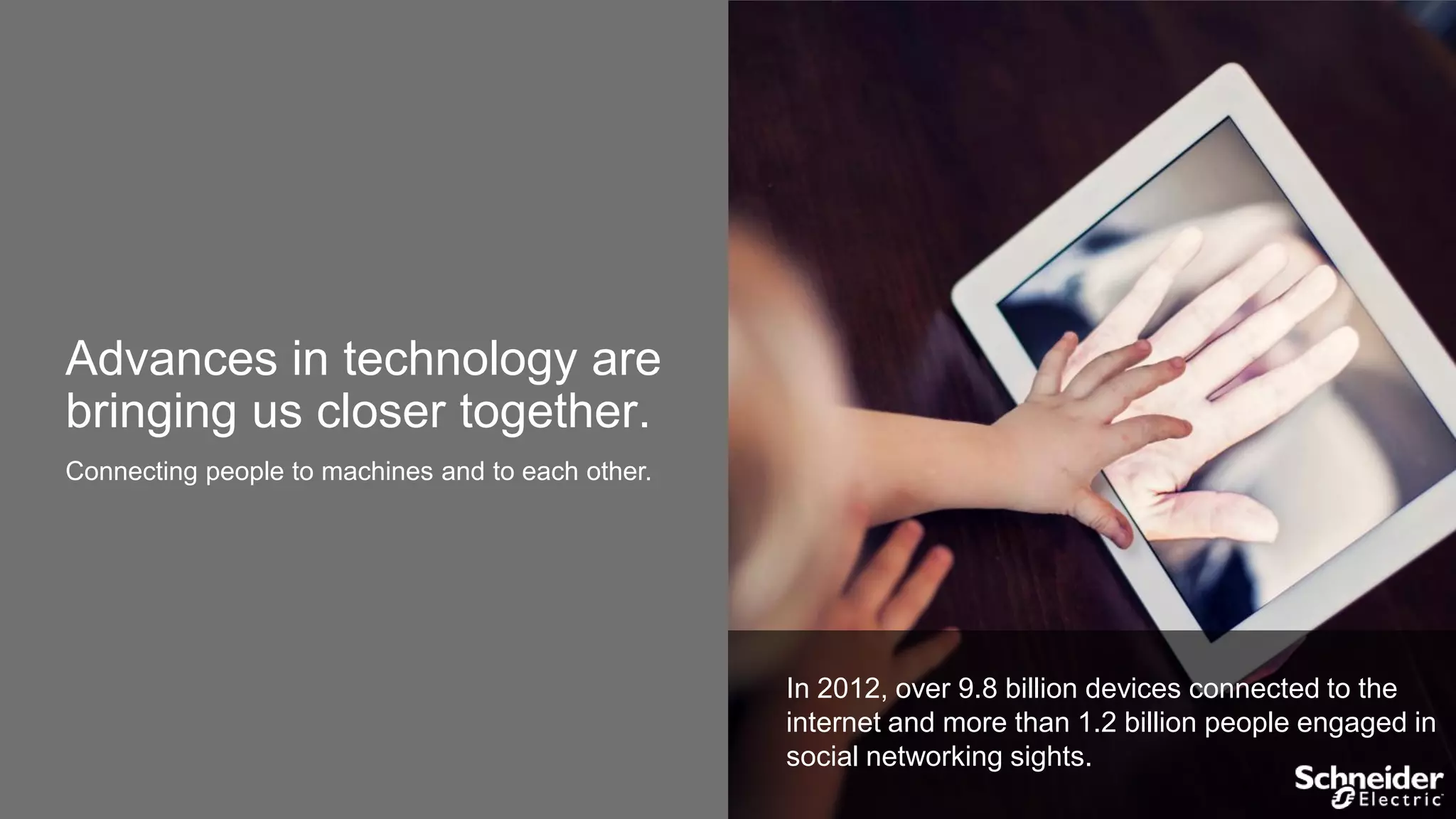 Advances in technology are
bringing us closer together.
Connecting people to machines and to each other.

In 2012, over 9.8 billion devices connected to the
internet and more than 1.2 billion people engaged in
social networking sights.

 