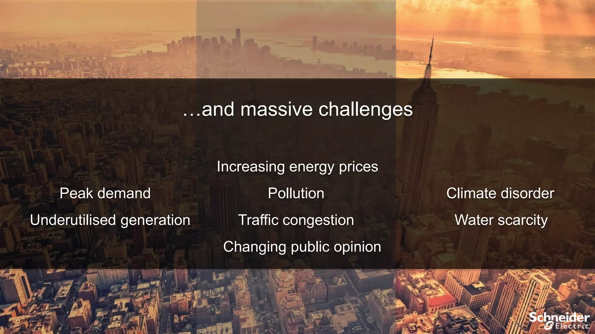 …and massive challenges
Increasing energy prices

Peak demand
Underutilised generation

Pollution

Climate disorder

Traffic congestion

Water scarcity

Changing public opinion

 