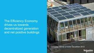 The Efficiency Economy
drives us towards
decentralized generation
and net positive buildings

Canopea: winner of Solar Decathlon 2012

 