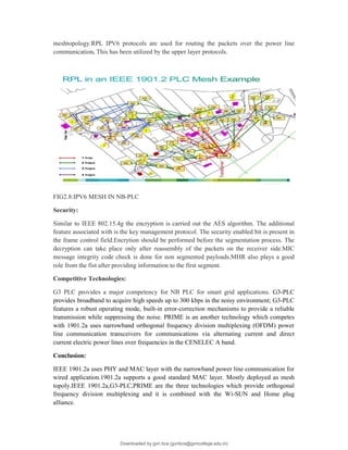 meshtopology.RPL IPV6 protocols are used for routing the packets over the power line
communication. This has been utilized by the upper layer protocols.
FIG2.8:IPV6 MESH IN NB-PLC
Security:
Similar to IEEE 802.15.4g the encryption is carried out the AES algorithm. The additional
feature associated with is the key management protocol. The security enabled bit is present in
the frame control field.Encrytion should be performed before the segmentation process. The
decryption can take place only after reassembly of the packets on the receiver side.MIC
message integrity code check is done for non segmented payloads.MHR also plays a good
role from the fist after providing information to the first segment.
Competitive Technologies:
G3 PLC provides a major competency for NB PLC for smart grid applications. G3-PLC
provides broadband to acquire high speeds up to 300 kbps in the noisy environment; G3-PLC
features a robust operating mode, built-in error-correction mechanisms to provide a reliable
transmission while suppressing the noise. PRIME is an another technology which competes
with 1901.2a uses narrowband orthogonal frequency division multiplexing (OFDM) power
line communication transceivers for communications via alternating current and direct
current electric power lines over frequencies in the CENELEC A band.
Conclusion:
IEEE 1901.2a uses PHY and MAC layer with the narrowband power line communication for
wired application.1901.2a supports a good standard MAC layer. Mostly deployed as mesh
topoly.IEEE 1901.2a,G3-PLC,PRIME are the three technologies which provide orthogonal
frequency division multiplexing and it is combined with the Wi-SUN and Home plug
alliance.
Downloaded by gvn bca (gvnbca@gvncollege.edu.in)
lOMoARcPSD|20972679
 