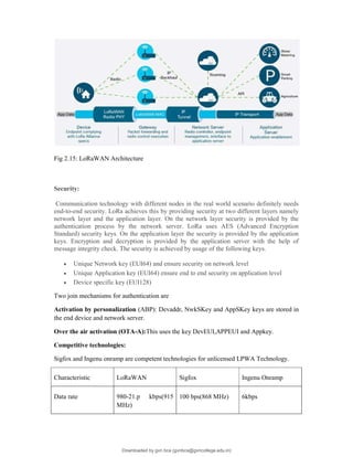 Fig 2.15: LoRaWAN Architecture
Security:
Communication technology with different nodes in the real world scenario definitely needs
end-to-end security. LoRa achieves this by providing security at two different layers namely
network layer and the application layer. On the network layer security is provided by the
authentication process by the network server. LoRa uses AES (Advanced Encryption
Standard) security keys. On the application layer the security is provided by the application
keys. Encryption and decryption is provided by the application server with the help of
message integrity check. The security is achieved by usage of the following keys.
 Unique Network key (EUI64) and ensure security on network level
 Unique Application key (EUI64) ensure end to end security on application level
 Device specific key (EUI128)
Two join mechanisms for authentication are
Activation by personalization (ABP): Devaddr, NwkSKey and AppSKey keys are stored in
the end device and network server.
Over the air activation (OTA-A):This uses the key DevEUI,APPEUI and Appkey.
Competitive technologies:
Sigfox and Ingenu onramp are competent technologies for unlicensed LPWA Technology.
Characteristic LoRaWAN Sigfox Ingenu Onramp
Data rate 980-21.p kbps(915
MHz)
100 bps(868 MHz) 6kbps
Downloaded by gvn bca (gvnbca@gvncollege.edu.in)
lOMoARcPSD|20972679
 
