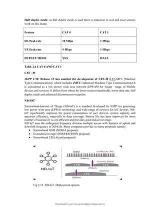 Half duplex mode: as half duplex mode is used there is reduction in cost and most sensors
work on this mode.
Feature CAT 0 CAT 1
DL Peak rate 10 Mbps 1 Mbps
UE Peak rate 5 Mbps 1 Mbps
DUPLEX MODE YES HALF
Table 2.6 CAT 0 AND CAT 1
LTE –M
3GPP LTE Release 13 has enabled the development of LTE-M (LTE-MTC [Machine
Type Communication]), which includes eMTC (enhanced Machine Type Communication).It
is considered as a low power wide area network (LPWAN) for longer range of Mobile
devices and services. It differs from others by lower receiver bandwidth, lower data rate, half
duplex mode and enhanced discontinuous reception.
NB-IOT
Narrowband-Internet of Things (NB-IoT) is a standard developed by 3GPP for generating
low power wide area (LPWA) technology and wide range of services for IoT devices. NB-
IoT significantly improves the power consumption of user devices, system capacity and
spectrum efficiency, especially in deep coverage. Battery life has been improved for more
number of usecases.It is cost efficient and provides good indoor coverage.
NB IoT uses the orthogonal frequency division multiple access with features of uplink and
downlink frequency of 200 kHz. Many companies provide so many proposals namely
 Narrowband GSM (NOKIA proposal)
 Extended coverage GSM(ERICSSON proposal)
 Narrowband LTE(Alcatel proposal)
Fig 2.16 :NB-IoT Deployment options
Downloaded by gvn bca (gvnbca@gvncollege.edu.in)
lOMoARcPSD|20972679
 