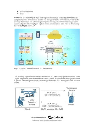  Acknowledgement
 Reset
COAP URI has the UDP port, there are two parameters namely host and port.COAP has the
congestion control mechanism to monitor and manage the traffic in the network. Confirmable
message the recipient can acknowledge or reject a message, on confirmable message cannot
acknowledge .the following figure explains how a communication takes place in cloud using
the HTTP, MQTT and CoAP.
Fig 2.35: CoAP Communications in IoT Infrastructure.
The following fig explains the reliable transmission of CoAP.Utility operation center is client
.It gets temperature from the temperature sensor (server) by confirmable message(0x47) and
it gets the acknowledgment (ox47).the message identifier is 0x47.the response code received
is 2.05.
Downloaded by gvn bca (gvnbca@gvncollege.edu.in)
lOMoARcPSD|20972679
 
