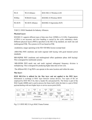 Wi-fi Wi-fi Alliance IEEE 802.11 Wireless LAN
WiMax WiMAX Forum IEEE802.16 Wireless MAN
Wi-SUN Wi-SUN Alliance IEEE802.15.4gwireless SUN
TAB 2.2: IEEE Standards for Industry Alliances.
Physical Layer:
IEEE802.15. supports different types of data rates from 169MHz to 2.4 GHz. Fragmentation
of IPV6 is not necessary and error handling is carried by the cyclic redundancy check.
Different physical layers (PHYs) specified in the 802.15.4g standard, are multi rate and
multiregional FSK. The systems in US are based on FSK
.modulation, ranges operating in the 920–928 MHz license-exempt band.
(MR-FSK) PHY.-multirate and multi regional shift keying with good transmit power
standards.
MR-OQPSK PHY (multirate and multiregional offset quadrature phase shift keying):
This is designed for multimode systems
MR-OFDM PHY:-multi rate and multi regional orthogonal frequency division is
multiplexing: This is designed for producing higher data rates at low cost.
The different 802.15.4g PHYs can operate in the same location and within the same.
Mac layer:
IEEE 802.15.4e is utilized for the Mac layer and not applied to the PHY layer.
Information is exchange at MAC layer between various devices. Two types of IEs are
employed by IEEE 802.15.4e, that is, header IEs and payload IEs. The former is part of the
MAC header (MHR) and is used to process the frame itself, while the latter is a part of MAC
payload dealing with next higher layer or service access point (SAP).
Fig: 2.5. IEEE 802.15.4 g/e MAC Frame Format.
Downloaded by gvn bca (gvnbca@gvncollege.edu.in)
lOMoARcPSD|20972679
 