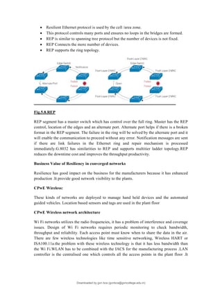  Resilient Ethernet protocol is used by the cell /area zone.
 This protocol controls many ports and ensures no loops in the bridges are formed.
 REP is similar to spanning tree protocol but the number of devices is not fixed.
 REP Connects the more number of devices.
 REP supports the ring topology.
Fig.5.8.REP
REP segment has a master switch which has control over the full ring. Master has the REP
control, location of the edges and an alternate port. Alternate port helps if there is a broken
format in the REP segment. The failure in the ring will be solved by the alternate port and it
will enable the communication to proceed without any error. Notification messages are sent
if there are link failures in the Ethernet ring and repair mechanism is processed
immediately.G.8032 has similarities to REP and supports multitier ladder topology.REP
reduces the downtime cost and improves the throughput productivity.
Business Value of Resiliency in converged networks
Resilience has good impact on the business for the manufacturers because it has enhanced
production .It provide good network visibility to the plants.
CPwE Wireless:
These kinds of networks are deployed to manage hand held devices and the automated
guided vehicles. Location based sensors and tags are used in the plant floor
CPwE Wireless network architecture
Wi Fi networks utilizes the radio frequencies, it has a problem of interference and coverage
issues. Design of Wi Fi networks requires periodic monitoring to check bandwidth,
throughput and reliability. Each access point must know when to share the data in the air.
There are few wireless technologies like time sensitive networking, Wireless HART or
ISA100.11a.the problem with these wireless technology is that it has less bandwidth than
the Wi Fi.WLAN has to be combined with the IACS for the manufacturing process .LAN
controller is the centralised one which controls all the access points in the plant floor .It
Downloaded by gvn bca (gvnbca@gvncollege.edu.in)
lOMoARcPSD|20972679
 