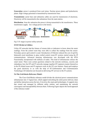 Generation: power is produced from coal mines. Nuclear power plants and hydroelectric
plants. High voltage generated is transmitted by transmission lines.
Transmission: aerial lines and submarine cables are used for transmission of electricity.
Electricity will be transmitted to the substations from the main station.
Distribution: from the substation the power is being transmitted to the transformers. These
transformers supply low voltage power to the homes.
Fig 5.10: stages in power utility network.
IT/OT Divide in Utilities:
Utility OT networks had the feature of remote dials or indicators to know about the meter
readings. From the control room they were able to collect the readings from the sensor.
Nowadays power grid control is used. Introduction of Ethernet reduced the cost of grid by
behemoth sized mainframe in glass walled control room.OT systems started using the IP
communications. Advanced metering infrastructure was developed with the IPV6
Functionality incorporated with millions of nodes. This kind of infrastructure utilizes the
smart meter. There were certain questions related to the network resiliency, security and
redundancy how the OT and IT networks manage together.OT engineers master themselves
in the IP related issues and IT engineers work on the OT core features. Smart grid employs
the good electricity to us with the help of ICT.(Information and Communication
Technology).All industries are focused on delivering OT services to the IT systems.
5.6 The Grid blocks Reference Model:
The Cisco Grid Blocks reference model divides the electrical power communications
infrastructure into 11 logical tiers, which support networking the entire power delivery chain
and define interaction across the tiers. It involves the smart grid technologies. It supports tiers
that owned and managed by different utility entities, and maintaining the network
convergence and interoperability between them. Following Figure depicts the tiered approach
of the reference model
Downloaded by gvn bca (gvnbca@gvncollege.edu.in)
lOMoARcPSD|20972679
 