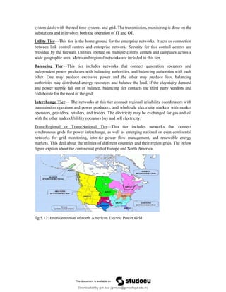 system deals with the real time systems and grid. The transmission, monitoring is done on the
substations and it involves both the operation of IT and OT.
Utility Tier—This tier is the home ground for the enterprise networks. It acts as connection
between link control centres and enterprise network. Security for this control centres are
provided by the firewall. Utilities operate on multiple control centers and campuses across a
wide geographic area. Metro and regional networks are included in this tier.
Balancing Tier—This tier includes networks that connect generation operators and
independent power producers with balancing authorities, and balancing authorities with each
other. One may produce excessive power and the other may produce less, balancing
authorities may distributed energy resources and balance the load. If the electricity demand
and power supply fall out of balance, balancing tier contacts the third party vendors and
collaborate for the need of the grid
Interchange Tier— The networks at this tier connect regional reliability coordinators with
transmission operators and power producers, and wholesale electricity markets with market
operators, providers, retailers, and traders. The electricity may be exchanged for gas and oil
with the other traders.Utilility operators buy and sell electricity.
Trans-Regional or Trans-National Tier—This tier includes networks that connect
synchronous grids for power interchange, as well as emerging national or even continental
networks for grid monitoring, inter-tie power flow management, and renewable energy
markets. This deal about the utilities of different countries and their region grids. The below
figure explain about the continental grid of Europe and North America.
fig.5.12: Interconnection of north American Electric Power Grid
Downloaded by gvn bca (gvnbca@gvncollege.edu.in)
lOMoARcPSD|20972679
 