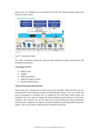 and the end user. Multiservice is provided by the FAN. The following figure depicts the
field area router and the
Fig 5.17: multiservice grid
The above mentioned multiservice grid provides advanced metering infrastructure and
distribution automation.
Advantages of FAN:
 Highly secure
 scalable
 stable and resilient
 support for legacy systems
 flexible backhaul action
Advanced metering Infrastructure:
Smart meters are a microprocessor based sensors and controllers which provides two way
communications with enhanced security and authentication features. For every minute the
power consumption is recorded and it is updated by the web portal. Smart meters are
installed at the user’s place to capture the utility information and transmit it to the power
company. The consumer can see the latest and accurate billing and utility information
whereas power companies can improve customer satisfaction by providing flexible payment
options. This can also help in reducing losses and theft of electricity.
Downloaded by gvn bca (gvnbca@gvncollege.edu.in)
lOMoARcPSD|20972679
 
