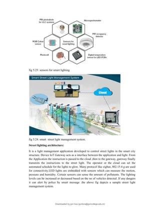 fig 5.23: sensors for smart lighting
fig 5.24: smart street light management system.
Street lighting architecture:
It is a light management application developed to control street lights in the smart city
structure. Device IoT Gateway acts as a interface between the application and light. From
the Application the instruction is passed to the cloud ,then to the gateway, gateway finally
transmits the instructions to the street light. The operator or the cloud can set the
automated schedule for the lights to glow. Many protocol like zigbee, 802.15.4 g are used
for connectivity.LED lights are embedded with sensors which can measure the motion,
pressure and humidity. Certain sensors can sense the amount of pollutants. The lighting
levels can be increased or decreased based on the no of vehicles detected .If any dangers
it can alert by police by smart message .the above fig depicts a sample street light
management system.
Downloaded by gvn bca (gvnbca@gvncollege.edu.in)
lOMoARcPSD|20972679
 