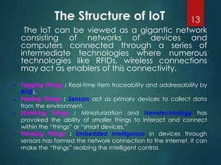 The Structure of IoT
The IoT can be viewed as a gigantic network
consisting of networks of devices and
computers connected through a series of
intermediate technologies where numerous
technologies like RFIDs, wireless connections
may act as enablers of this connectivity.
➢ Tagging Things : Real-time item traceability and addressability by
RFIDs.
➢ Feeling Things : Sensors act as primary devices to collect data
from the environment.
➢ Shrinking Things : Miniaturization and Nanotechnology has
provoked the ability of smaller things to interact and connect
within the “things” or “smart devices.”
➢ Thinking Things : Embedded intelligence in devices through
sensors has formed the network connection to the Internet. It can
make the “things” realizing the intelligent control.
13
 