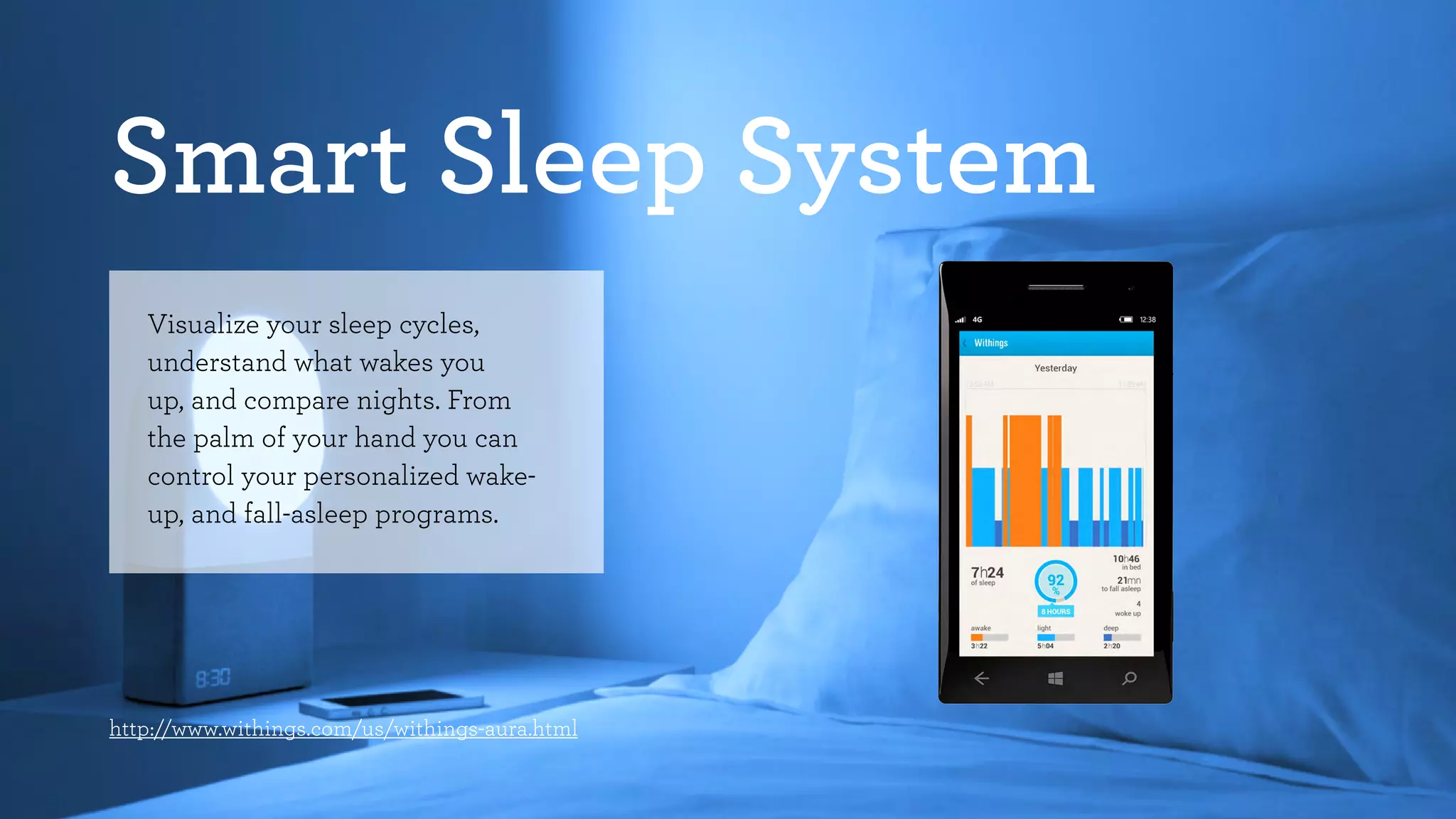 Smart Sleep System 
Visualize your sleep cycles, 
understand what wakes you 
up, and compare nights. From 
the palm of your hand you can 
control your personalized wake-up, 
and fall-asleep programs. 
http://www.withings.com/us/withings-aura.html 
 