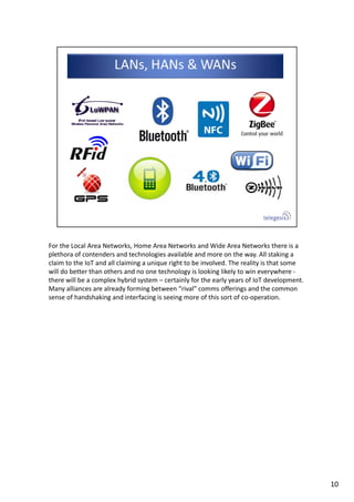 For the Local Area Networks, Home Area Networks and Wide Area Networks there is a 
plethora of contenders and technologies available and more on the way. All staking a 
claim to the IoT and all claiming a unique right to be involved. The reality is that some 
will do better than others and no one technology is looking likely to win everywhere ‐
there will be a complex hybrid system – certainly for the early years of IoT development.
Many alliances are already forming between “rival” comms offerings and the common 
sense of handshaking and interfacing is seeing more of this sort of co‐operation.
10
 