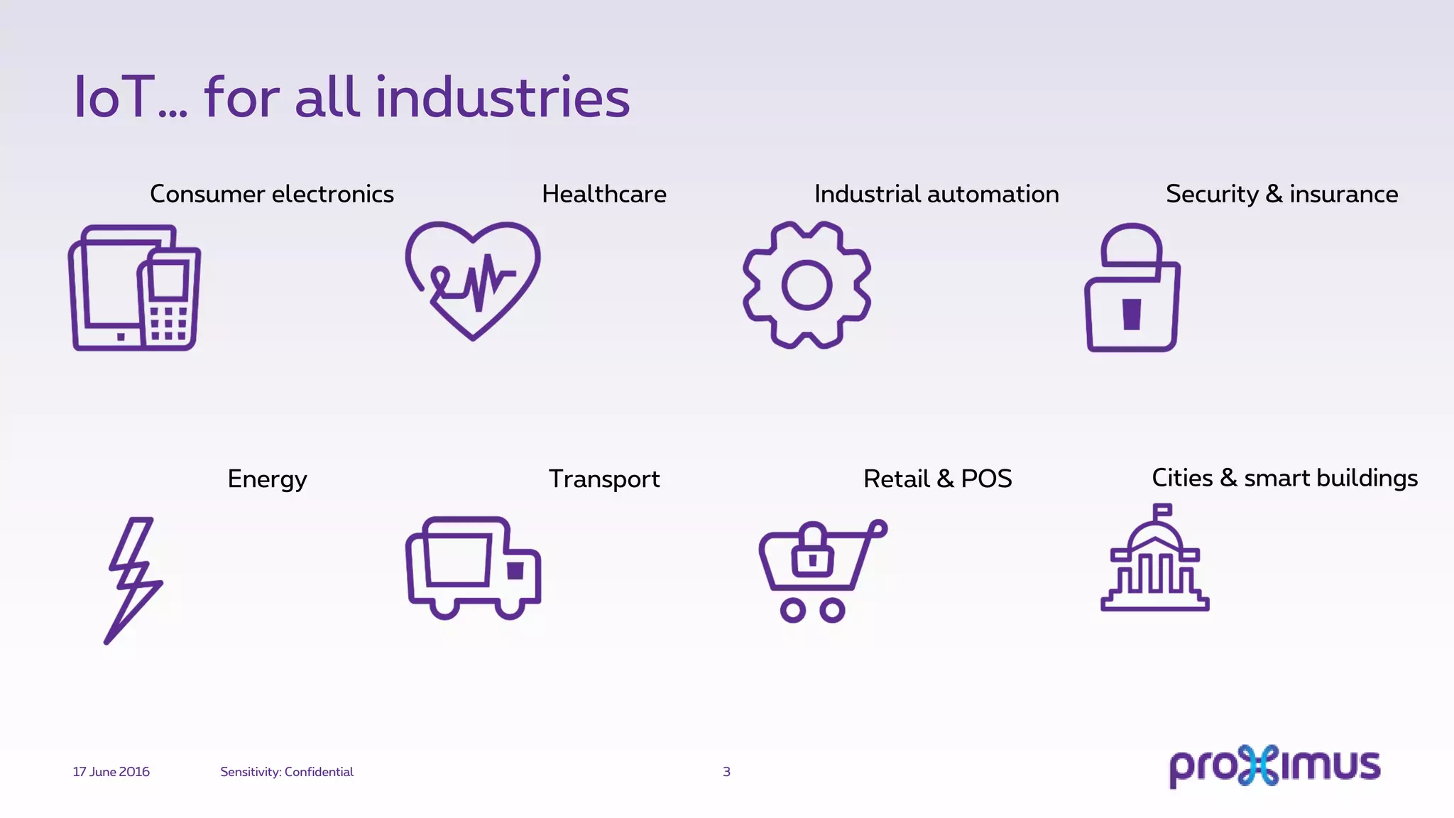 IoT… for all industries
17 June 2016 Sensitivity: Confidential 3
Consumer electronics Healthcare Industrial automation Security & insurance
Energy Transport Retail & POS Cities & smart buildings
 