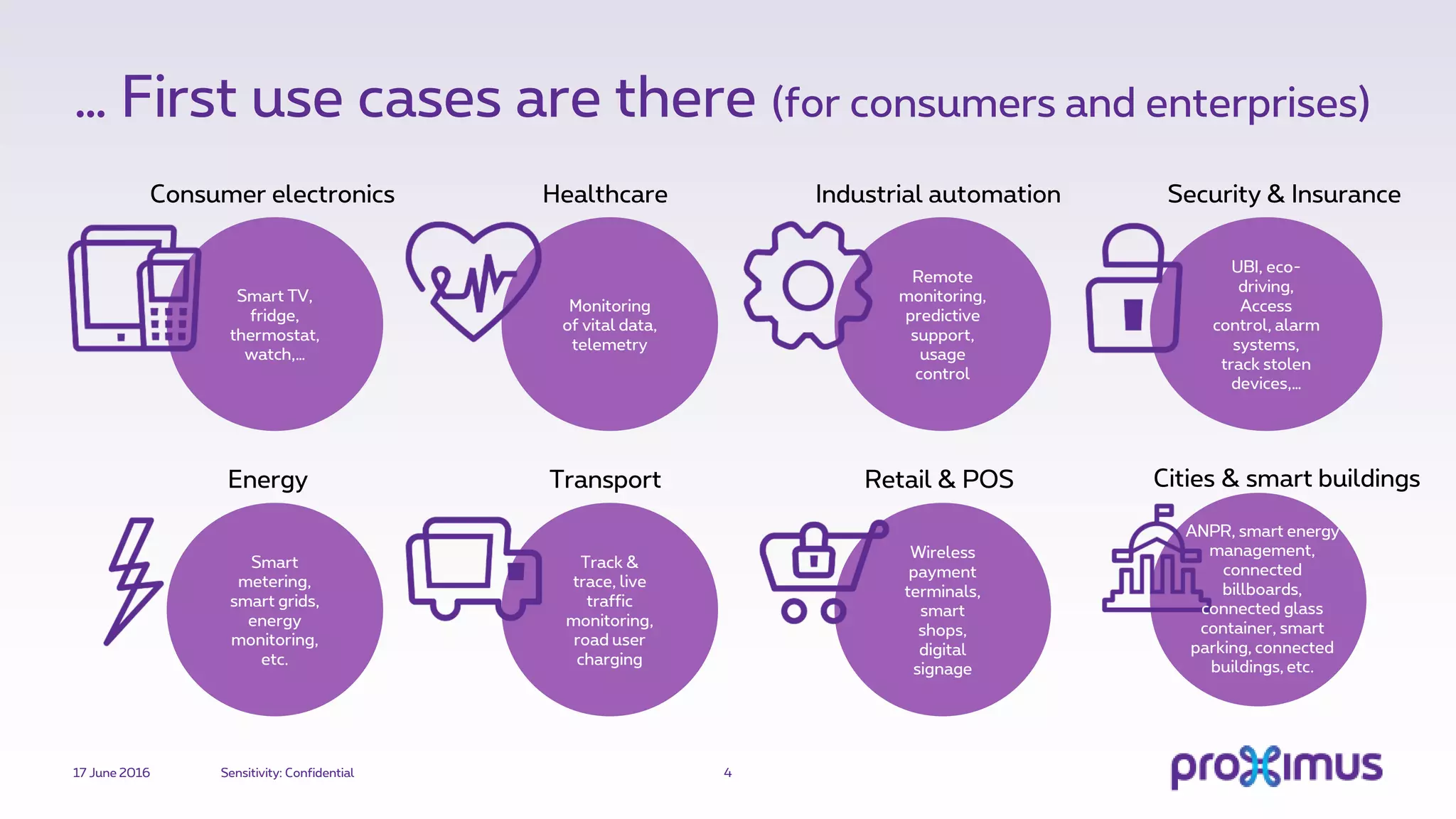 Wireless
payment
terminals,
smart
shops,
digital
signage
Track &
trace, live
traffic
monitoring,
road user
charging
UBI, eco-
driving,
Access
control, alarm
systems,
track stolen
devices,…
Remote
monitoring,
predictive
support,
usage
control
Monitoring
of vital data,
telemetry
Smart TV,
fridge,
thermostat,
watch,…
… First use cases are there (for consumers and enterprises)
17 June 2016 Sensitivity: Confidential 4
Smart
metering,
smart grids,
energy
monitoring,
etc.
Consumer electronics Healthcare Industrial automation Security & Insurance
Energy Transport Retail & POS Cities & smart buildings
ANPR, smart energy
management,
connected
billboards,
connected glass
container, smart
parking, connected
buildings, etc.
 