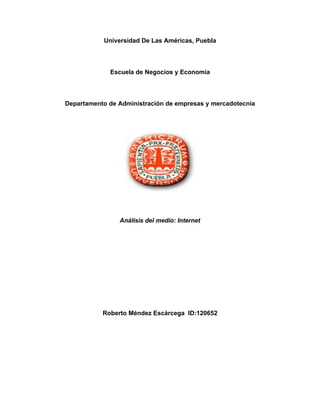Universidad De Las Américas, Puebla




             Escuela de Negocios y Economía




Departamento de Administración de empresas y mercadotecnia




                Análisis del medio: Internet




           Roberto Méndez Escárcega ID:120652
 