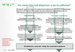 Что такое Скрытый Маркетинг и как он работает?
                        Основной задачей Скрытого (вирусного) маркетинга является продвижение
                        бизнеса в Интернете благодаря распространению информации за счет
                        собственных ресурсов заинтересованных пользователей.

                                    Что делаете вы                             Что видит потребитель
                            Анализируете и составляете список              Пользователь получает или находит
                         информационных каналов – Блоги, Форумы,      интересную (развлекательную) информацию,
                                    Социальные сети                    несущую в себе скрытую рекламу. При условии
                                                                      что она ему понравилась, он распространяет ее,
                                                                               среди таких же пользователей
                              Вкидываете нестандартный/ую
                          (развлекательный/ую) видео или аудио
                           ролик/игру/ссылку которая будет нести            Развязав дискуссию вокруг полученной
                           скрытую информацию о Вашем продукте           информации (работа виртуальной команды)
                                                                      пользователи формируют положительное мнение
                                                                       о продукте, распространяя информацию дальше
                          Благодаря «виртуальной команде», создаете
                         ажиотаж вокруг развлекательной информации,
                           добиваясь эффекта «сарафанного радио» -       Составив положительное мнение о продукте,
Подобная схема                когда пользователи сами начинают          пользователь становиться потенциальным
также используется в         распространять интересные ссылки                         потребителем
управлении
репутацией и
антикризисном
реагировании
                                   Потребитель получает товар, Вы получаете прибыль

   13     Jul 3, 2009
 