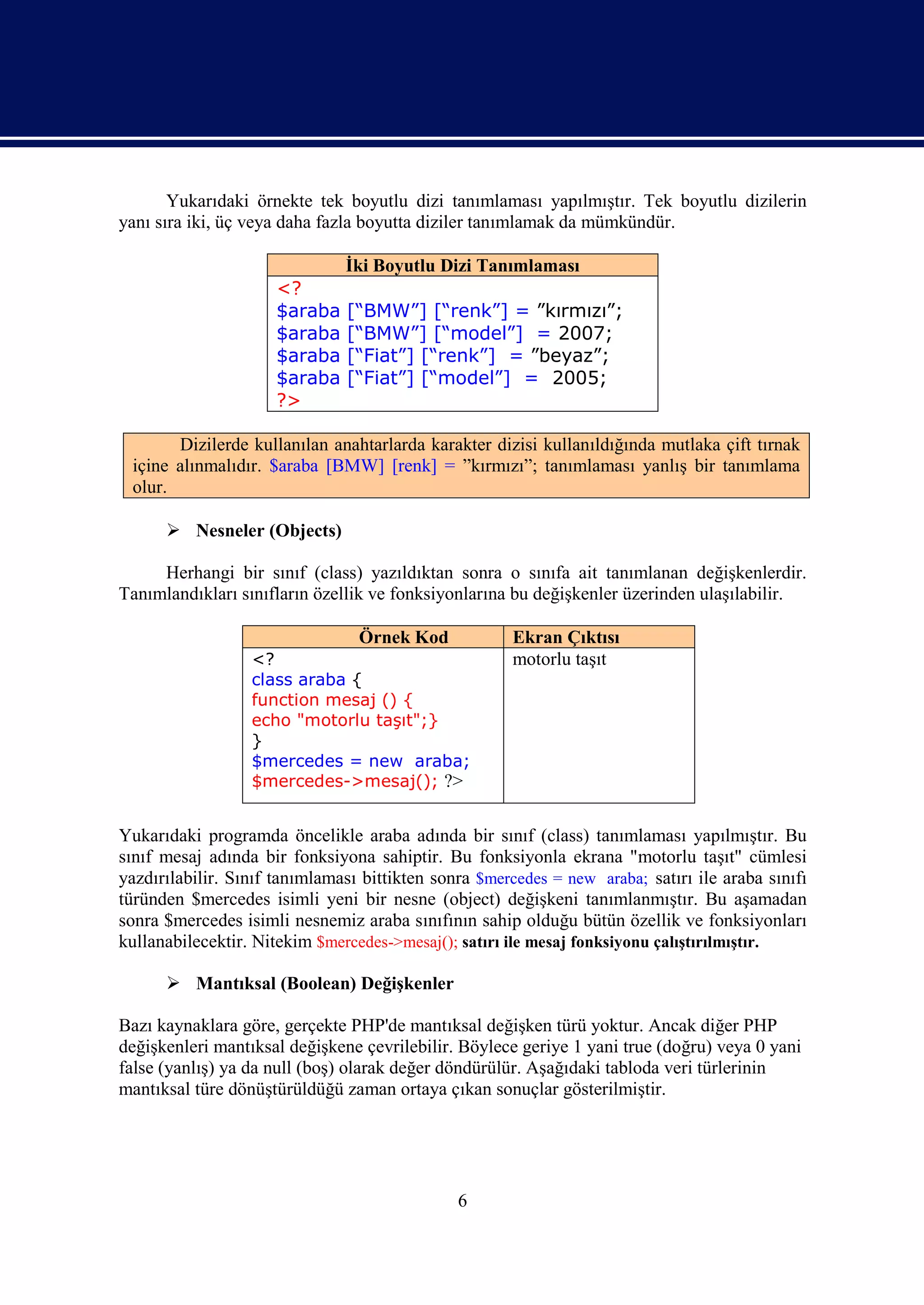 Yukarıdaki örnekte tek boyutlu dizi tanımlaması yapılmıştır. Tek boyutlu dizilerin
yanı sıra iki, üç veya daha fazla boyutta diziler tanımlamak da mümkündür.

                               İki Boyutlu Dizi Tanımlaması
                     <?
                     $araba    [“BMW”] [“renk”] = ”kırmızı”;
                     $araba    [“BMW”] [“model”] = 2007;
                     $araba    [“Fiat”] [“renk”] = ”beyaz”;
                     $araba    [“Fiat”] [“model”] = 2005;
                     ?>

       Dizilerde kullanılan anahtarlarda karakter dizisi kullanıldığında mutlaka çift tırnak
 içine alınmalıdır. $araba [BMW] [renk] = ”kırmızı”; tanımlaması yanlış bir tanımlama
 olur.

       Nesneler (Objects)

     Herhangi bir sınıf (class) yazıldıktan sonra o sınıfa ait tanımlanan değişkenlerdir.
Tanımlandıkları sınıfların özellik ve fonksiyonlarına bu değişkenler üzerinden ulaşılabilir.

                                 Örnek Kod            Ekran Çıktısı
                  <?                                  motorlu taşıt
                  class araba {
                  function mesaj () {
                  echo "motorlu taşıt";}
                  }
                  $mercedes = new araba;
                  $mercedes->mesaj(); ?>


Yukarıdaki programda öncelikle araba adında bir sınıf (class) tanımlaması yapılmıştır. Bu
sınıf mesaj adında bir fonksiyona sahiptir. Bu fonksiyonla ekrana "motorlu taşıt" cümlesi
yazdırılabilir. Sınıf tanımlaması bittikten sonra $mercedes = new araba; satırı ile araba sınıfı
türünden $mercedes isimli yeni bir nesne (object) değişkeni tanımlanmıştır. Bu aşamadan
sonra $mercedes isimli nesnemiz araba sınıfının sahip olduğu bütün özellik ve fonksiyonları
kullanabilecektir. Nitekim $mercedes->mesaj(); satırı ile mesaj fonksiyonu çalıştırılmıştır.

       Mantıksal (Boolean) Değişkenler

Bazı kaynaklara göre, gerçekte PHP'de mantıksal değişken türü yoktur. Ancak diğer PHP
değişkenleri mantıksal değişkene çevrilebilir. Böylece geriye 1 yani true (doğru) veya 0 yani
false (yanlış) ya da null (boş) olarak değer döndürülür. Aşağıdaki tabloda veri türlerinin
mantıksal türe dönüştürüldüğü zaman ortaya çıkan sonuçlar gösterilmiştir.




                                               6
 