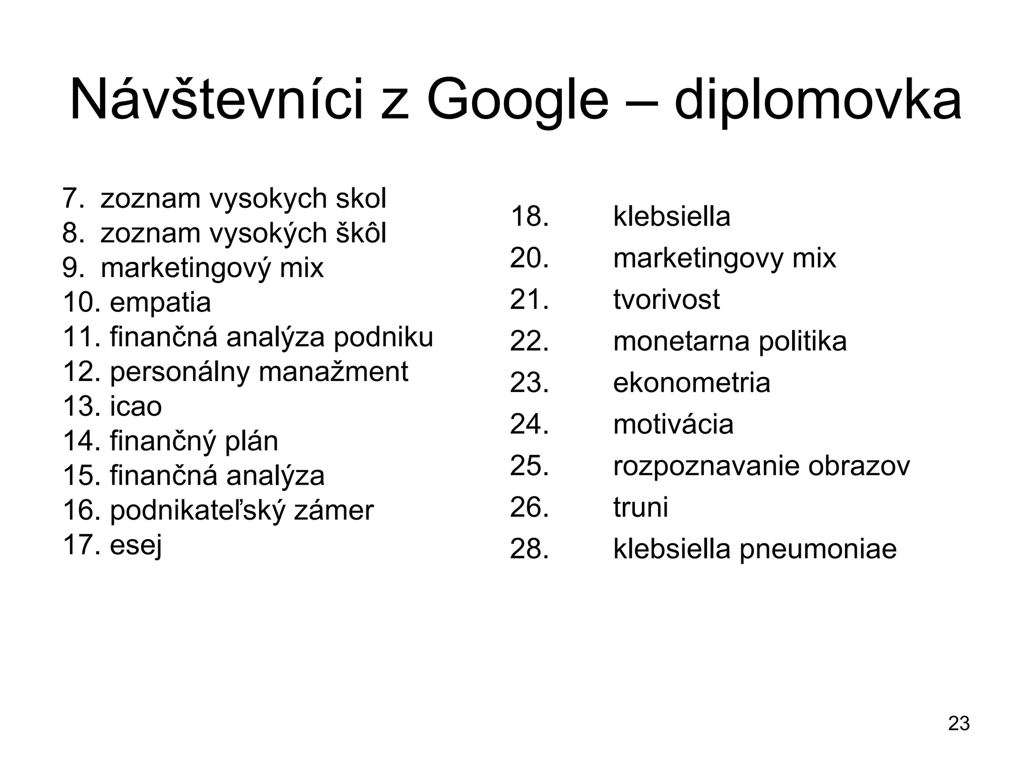 Návštevníci z Google – diplomovka 7.  zoznam vysokych skol 8.  zoznam vysokých škôl 9.  marketingový mix 10. empatia 11. finančná analýza podniku 12. personálny manažment 13. icao 14. finančný plán 15. finančná analýza 16. podnikateľský zámer 17. esej 18.  klebsiella 20.  marketingovy mix 21.  tvorivost 22.  monetarna politika 23.  ekonometria 24.  motivácia 25.  rozpoznavanie obrazov 26.  truni 28.  klebsiella pneumoniae 