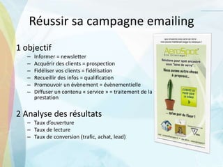 Réussir sa campagne emailing
1 objectif
– Informer = newsletter
– Acquérir des clients = prospection
– Fidéliser vos clients = fidélisation
– Recueillir des infos = qualification
– Promouvoir un évènement = évènementielle
– Diffuser un contenu « service » = traitement de la
prestation
2 Analyse des résultats
– Taux d’ouverture
– Taux de lecture
– Taux de conversion (trafic, achat, lead)
 