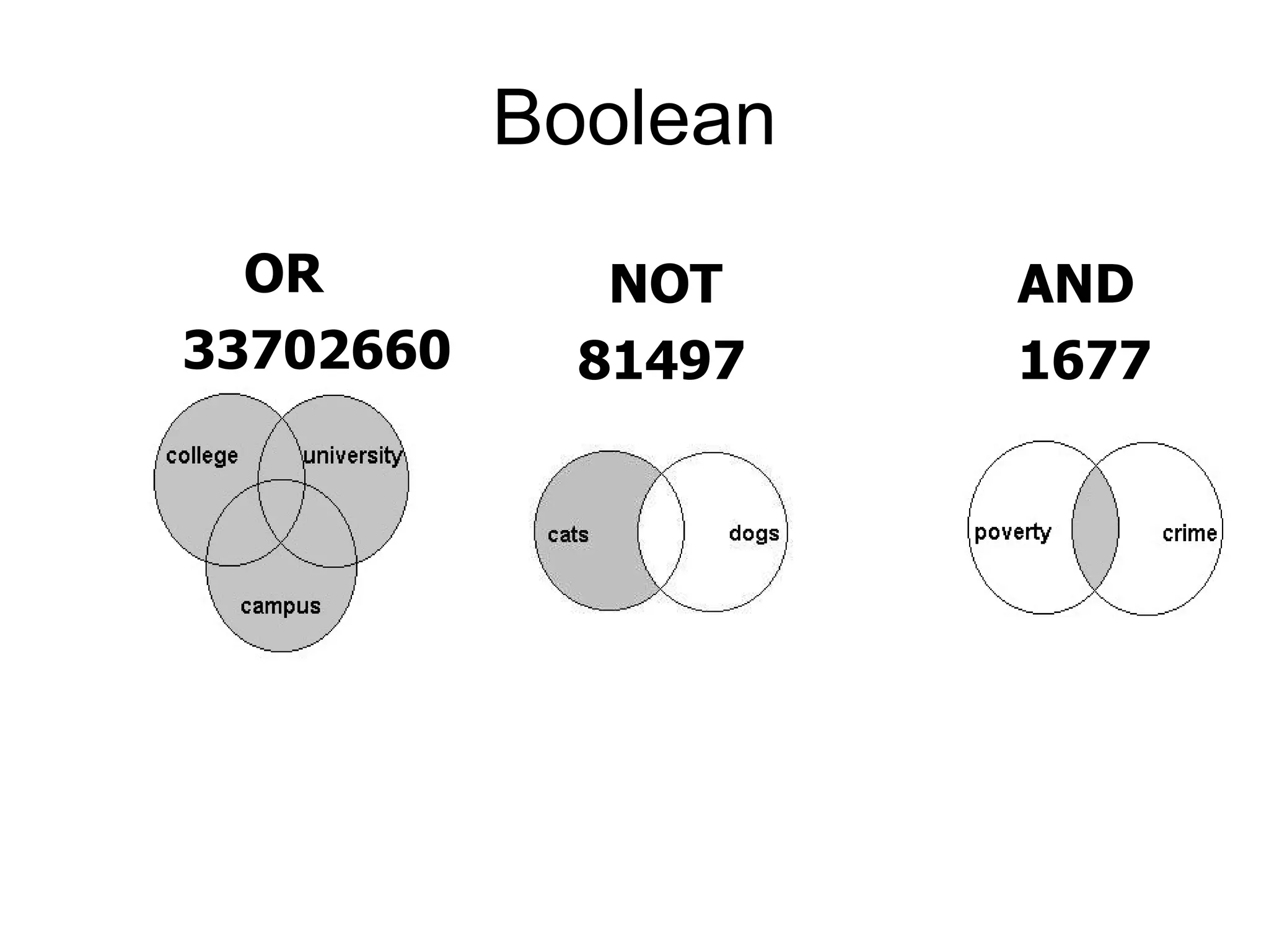 Boolean                                                        OR 33702660 NOT 81497 AND 1677 