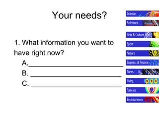 Your needs? 1. What information you want to  have right now? A.________________________ B. _______________________ C. _______________________ 