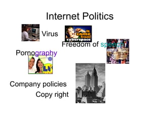 Internet Politics Virus Freedom of  speech   Porno graphy Company policies Copy right  