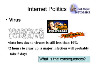 Internet Politics Virus data loss due to viruses is still less than 10%  2 hours to clear up, a major infection will probably  take 5 days   What is the consequences? 