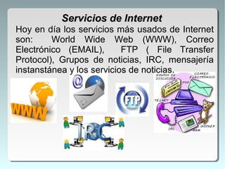 Hoy en día los servicios más usados de Internet
son: World Wide Web (WWW), Correo
Electrónico (EMAIL), FTP ( File Transfer
Protocol), Grupos de noticias, IRC, mensajería
instanstánea y los servicios de noticias.
Servicios de InternetServicios de Internet
 