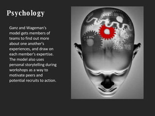 Psychology Ganz and Wageman's model gets members of teams to find out more about one another's experiences, and draw on each member's expertise.  The model also uses personal storytelling during workshops as a way to motivate peers and potential recruits to action.     