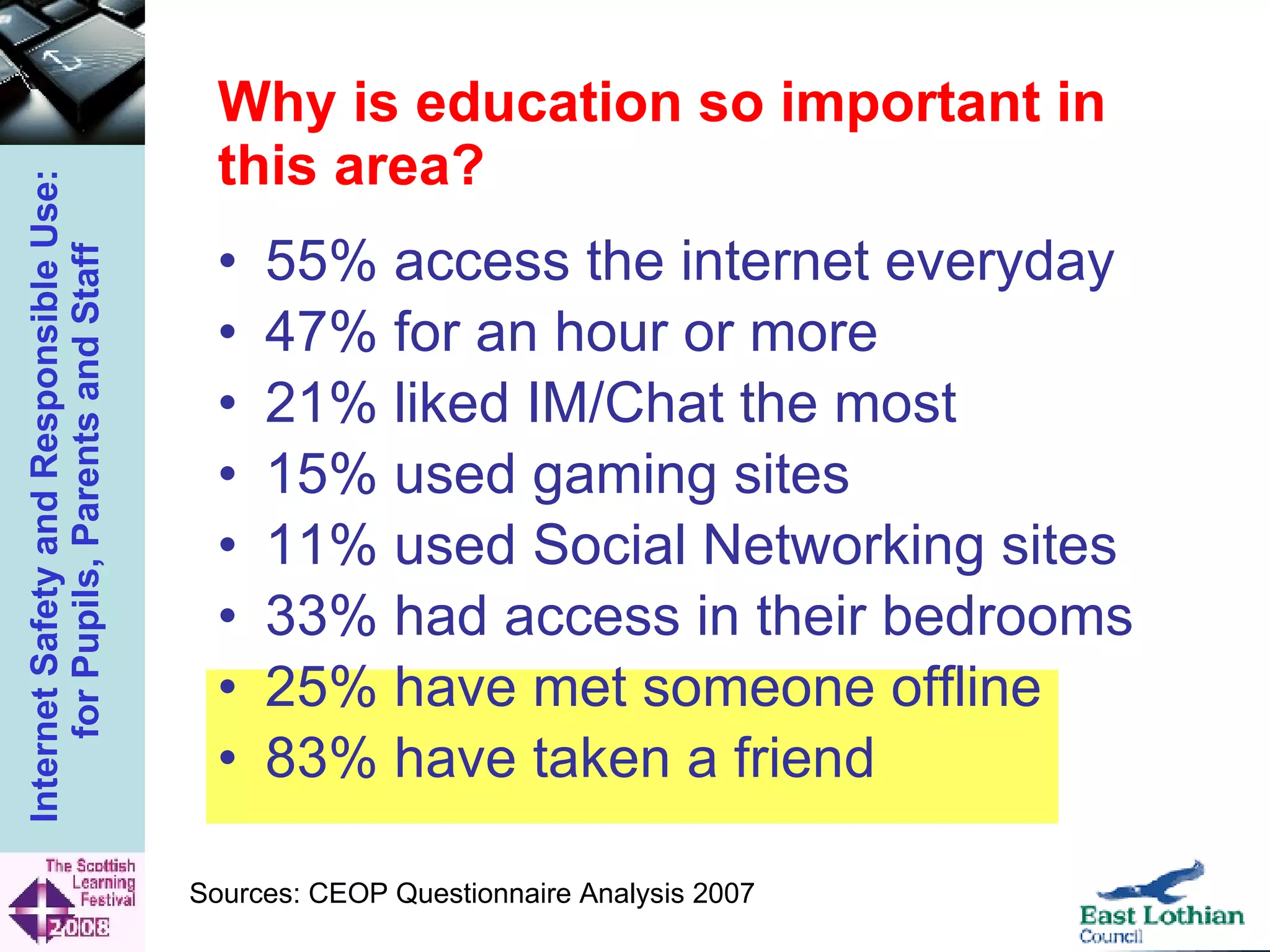 Why is education so important in this area?   55% access the internet everyday 47% for an hour or more 21% liked IM/Chat the most 15% used gaming sites 11% used Social Networking sites 33% had access in their bedrooms 25% have met someone offline 83% have taken a friend Sources: CEOP Questionnaire Analysis 2007 